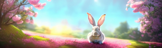 Cute little rabbit for easter spring holiday spring holiday banner illustration Nice rabbit sitting on the meadow