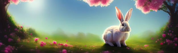 Cute little rabbit for easter spring holiday spring holiday banner illustration Nice rabbit sitting on the meadow