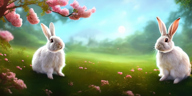 Cute little rabbit for easter spring holiday spring holiday banner illustration Nice rabbit sitting on the meadow