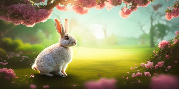 Cute little rabbit for easter spring holiday spring holiday banner illustration Nice rabbit sitting on the meadow