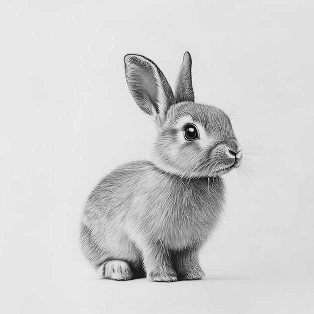 Cute little rabbit on white background Black and white photo