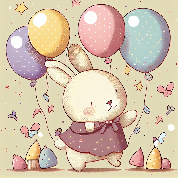 Cute Little Rabbit with Balloon Happy Birthday Card Generative AI