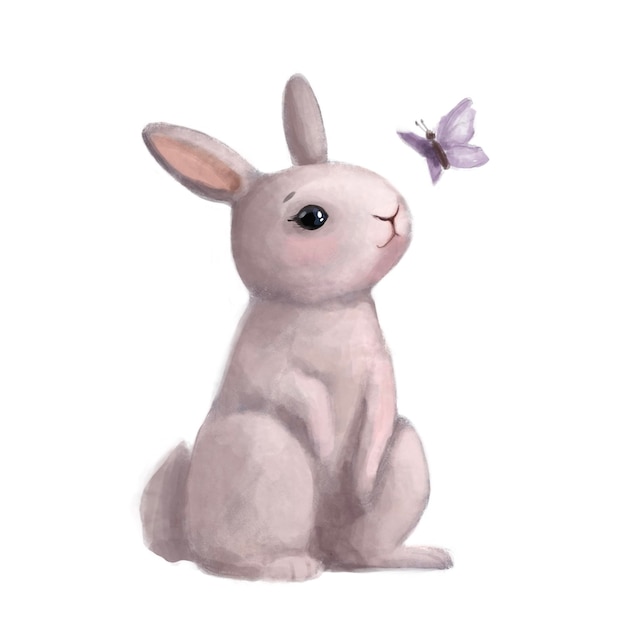 Cute little rabbit with butterfly watercolor illustration good for card design