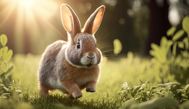 Cute little rabbits running on grass field yard in the morning with sunlight enjoy Generative Ai