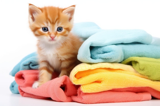 Cute little red kitten with colorful towels isolated on white background A cute ginger kitten atop a pile of colorful towels isolated on white AI Generated