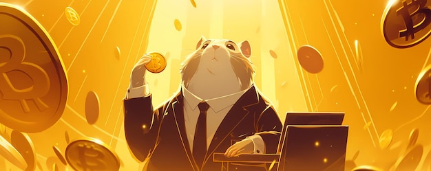 Cute little rich hamster holding golden coin in paws Hamster Kombat game on cryptocurrency mining