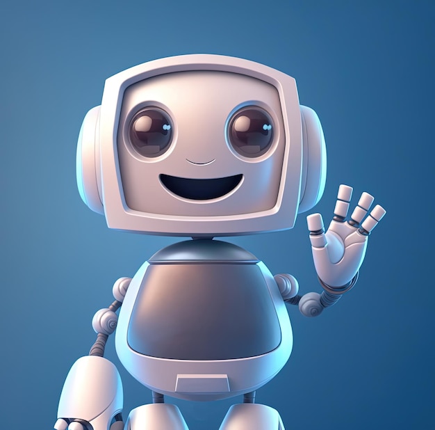 Cute little robot waving hello smiling waist up portrait over b