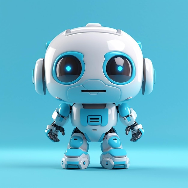 Cute little robot with headphones isolated on blue background 3d illustration