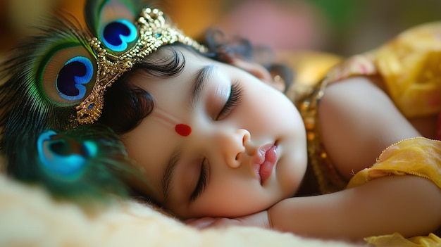 Cute little sleeping baby Krishna with peacock feather Hindu god Lord Krishna Krishna Janmashtami Go