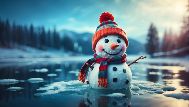 Cute little snowman in hat and scarf on an icy lake winter forest background