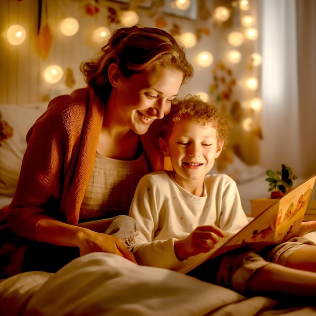 Cute little son grandson reading handmade greeting card with senior smiling grandmother