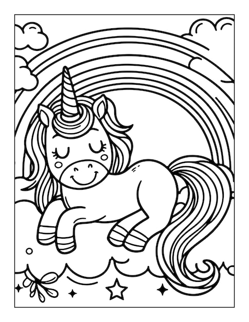 Cute little unicorn black outline children coloring page for kids