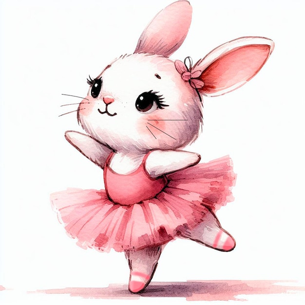 Cute little white rabbit in a pink tutu on a white background