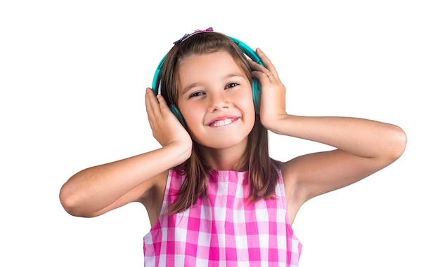 Cute little with headphones on white background Small girl listening to music on headphones Kid listen music orange background Best free music apps for your mobile device Enjoy sound