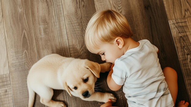 Cute little young blonde toddler boy is playing