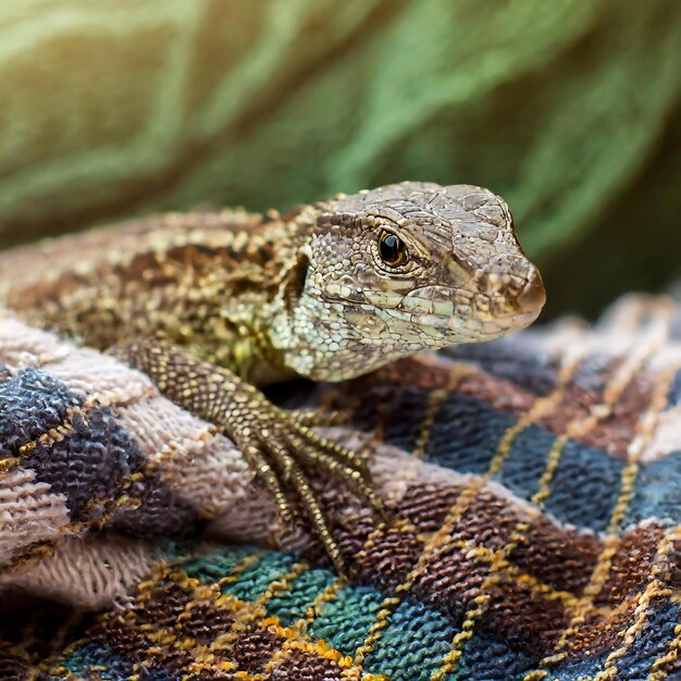 Photo a cute lizard laying on a soft plaid blanket