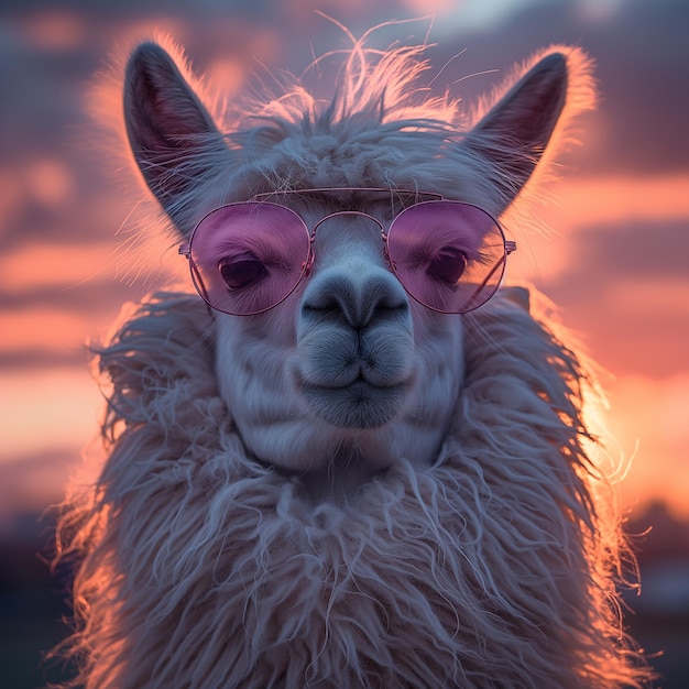 Photo a cute llama wearing pink sunglasses at sunset with a dramatic sky in the background