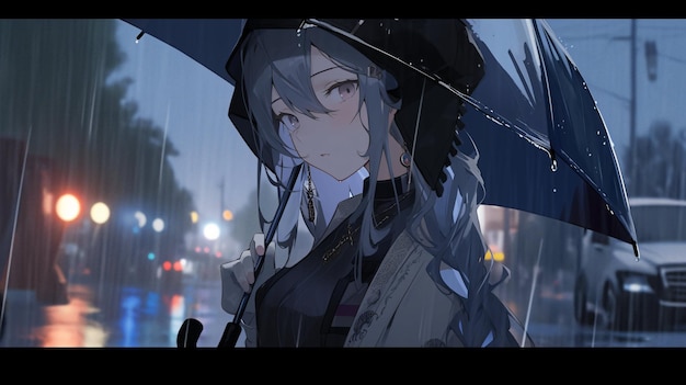 Cute lofi girl on rain anime manga style illustration background design wallpaper Generative AI