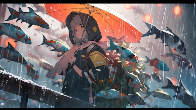 Cute lofi girl on rain anime manga style illustration background design wallpaper Generative AI