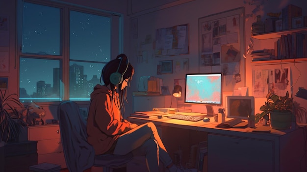 Cute Lofi Girl workstation wallpaper background female anime manga cute cozy Generative AI