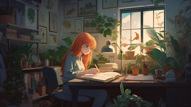 Cute Lofi Girl workstation wallpaper background female anime manga cute cozy Generative AI