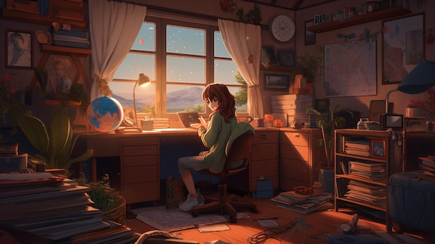 Cute Lofi Girl workstation wallpaper background female anime manga cute cozy Generative AI