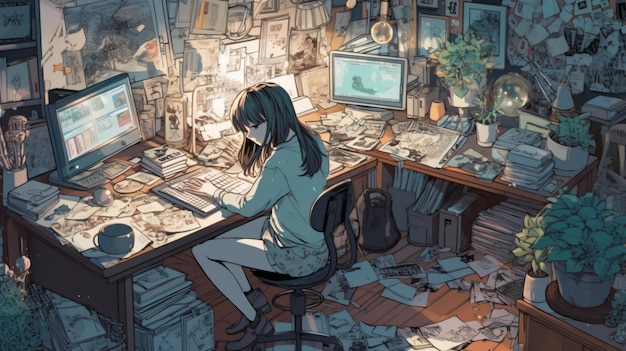 Cute Lofi Girl workstation wallpaper background female anime manga cute cozy Generative AI