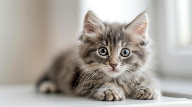 Cute longhaired gray kitten with beautiful big blue eyes Ai generated