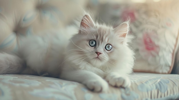 Cute longhaired white kitten with beautiful big blue eyes Ai generated