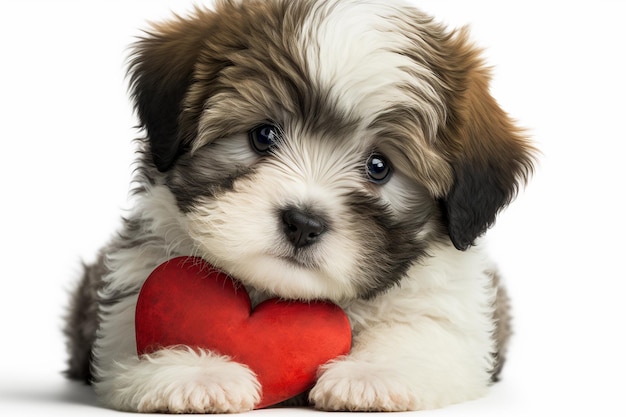 A cute lover valentine havanese puppy dog with a red heart isolated on white background