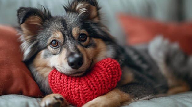 Cute lover Valentine puppy dog lying with a red heart isolated on blue background