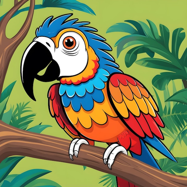 Cute macaw cartoon sitting on branch