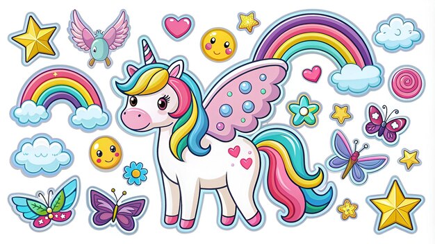 Photo cute magic set with unicorn rainbow fairy wings clouds vector collection of trendy stickers pin