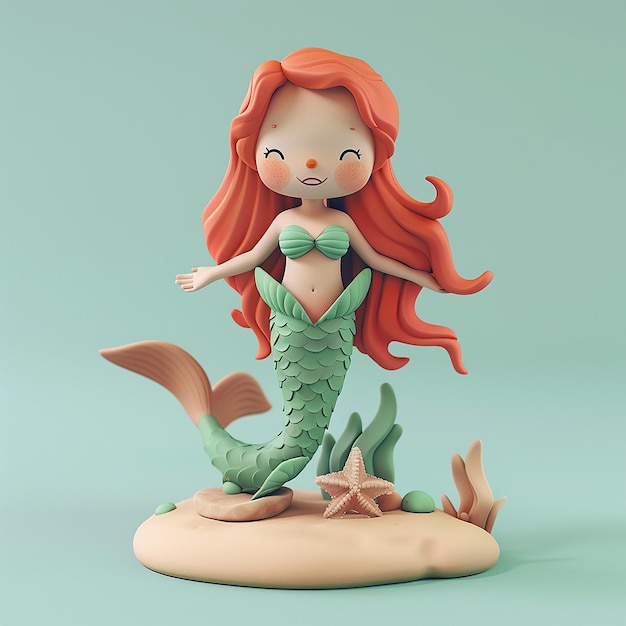 Photo cute magical mermaid 3d illustration on flat color