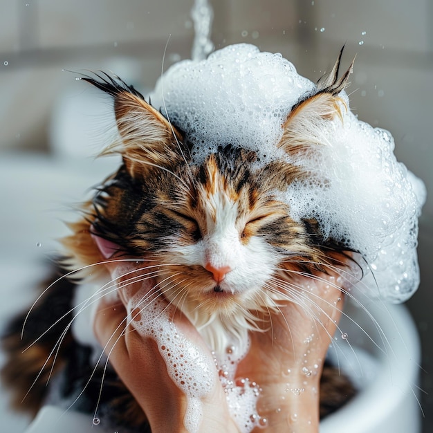 Cute Maine Coon fluffy cat relaxing in a bath with bubbles and gentle grooming