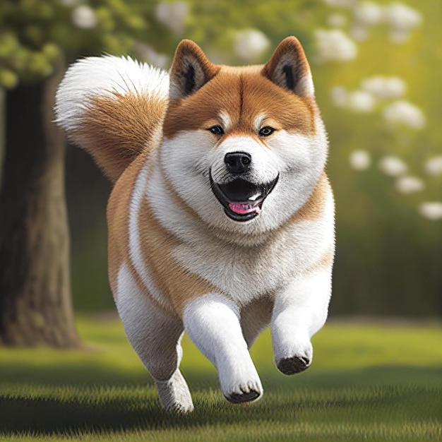 cute male akita inu dog running in a park upfront high detail vivid photorealistic high detail