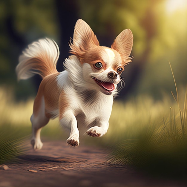 cute male chihuahua dog running in a park upfront high detail vivid photorealistic high detail