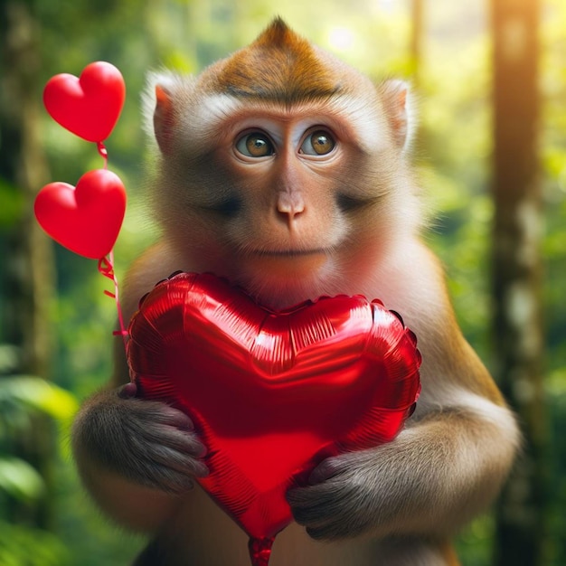 A cute male monkey is carrying Red Heart shape balloon for Valentines day for his girlfriend