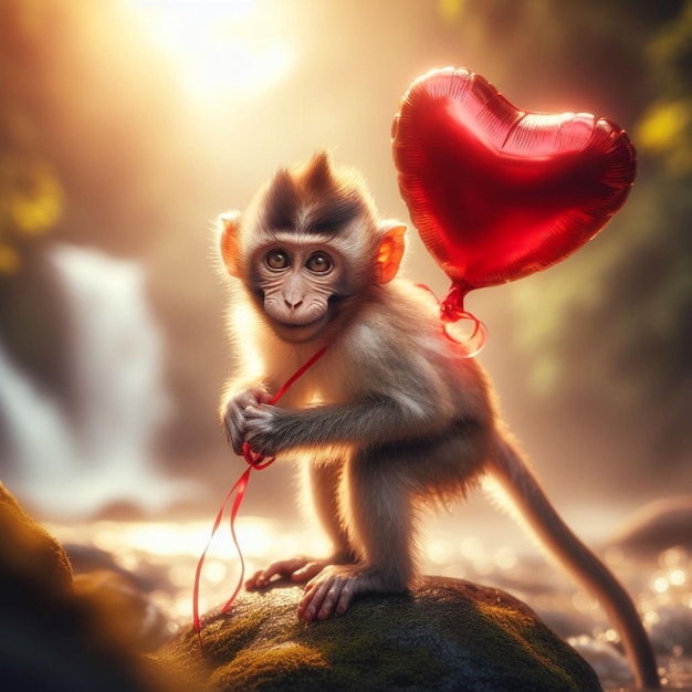 A cute male monkey is carrying Red Heart shape balloon on for Valentines day