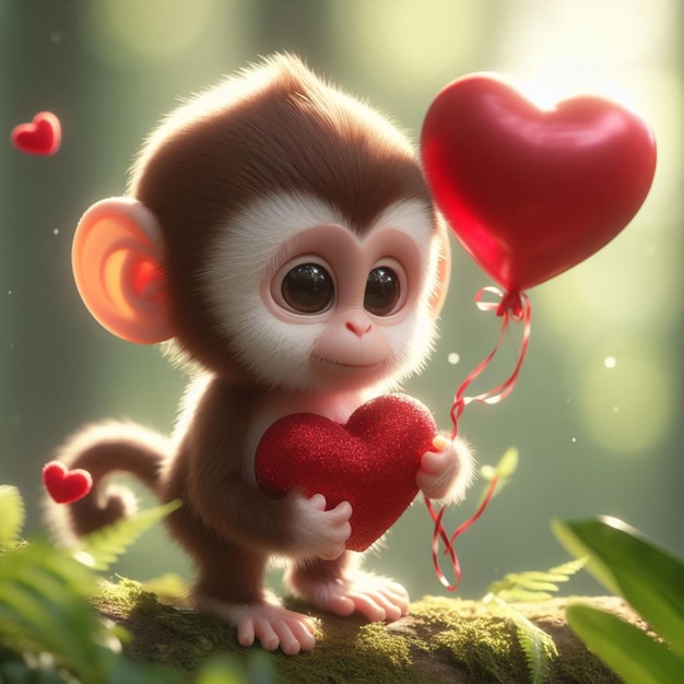 A cute male monkey is carrying Red Heart shape balloon on for Valentines day