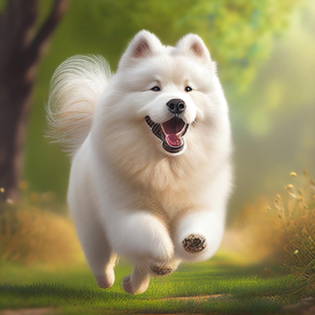 cute male samoyed dog running in a park upfront high detail vivid photorealistic high details