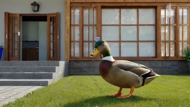 Cute mallard duck in front of a house generated by AI