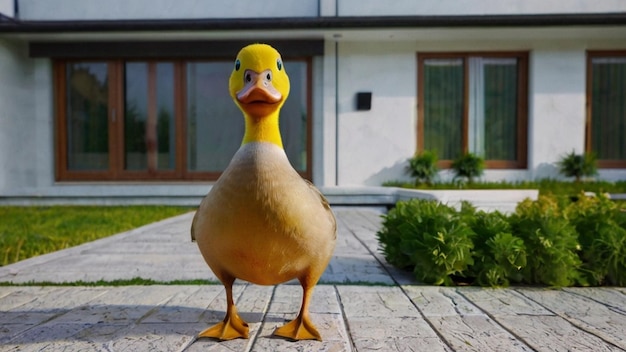 Cute mallard duck in front of a house generated by AI