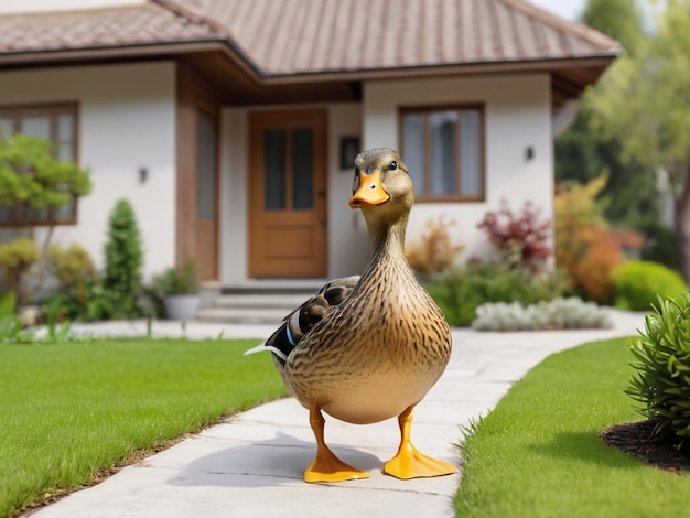 Cute mallard duck in front of a house generated by AI