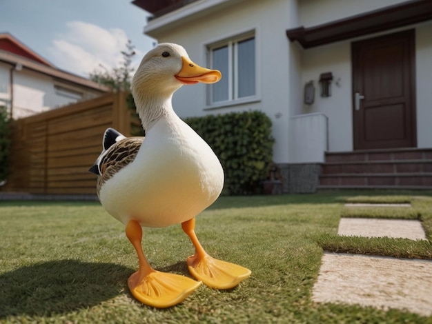 Cute mallard duck in front of a house generated by AI