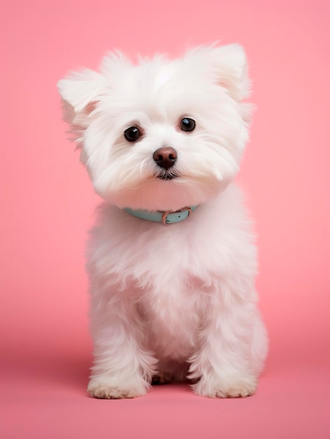 Cute Maltese puppy on a pink background studio shot