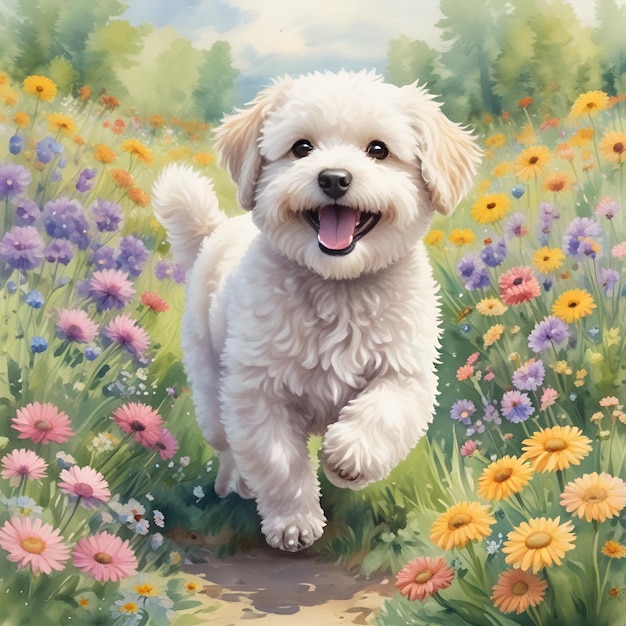 Cute maltipoo puppy dog running in a flowers field