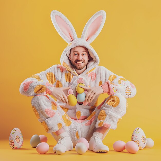 Photo cute man dressed as the easter bunny and hiding eggs