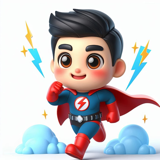 cute man super hero run with lightning cartoon 3d