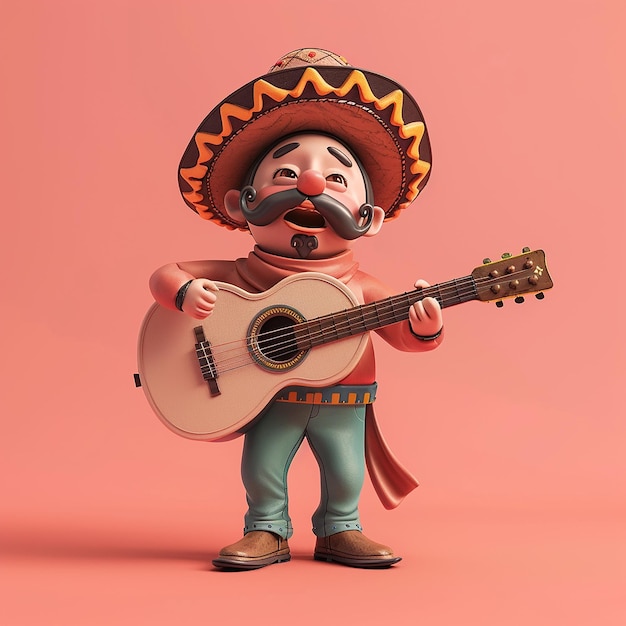 Cute Man Wearing Sombrero Playing Guitar 3D